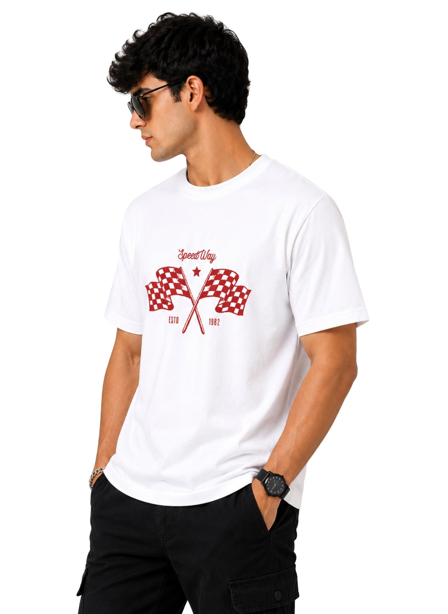 Men's Formula Racing Graphic T-Shirt | Premium White Cotton Round Neck Motorsport Printed Tee