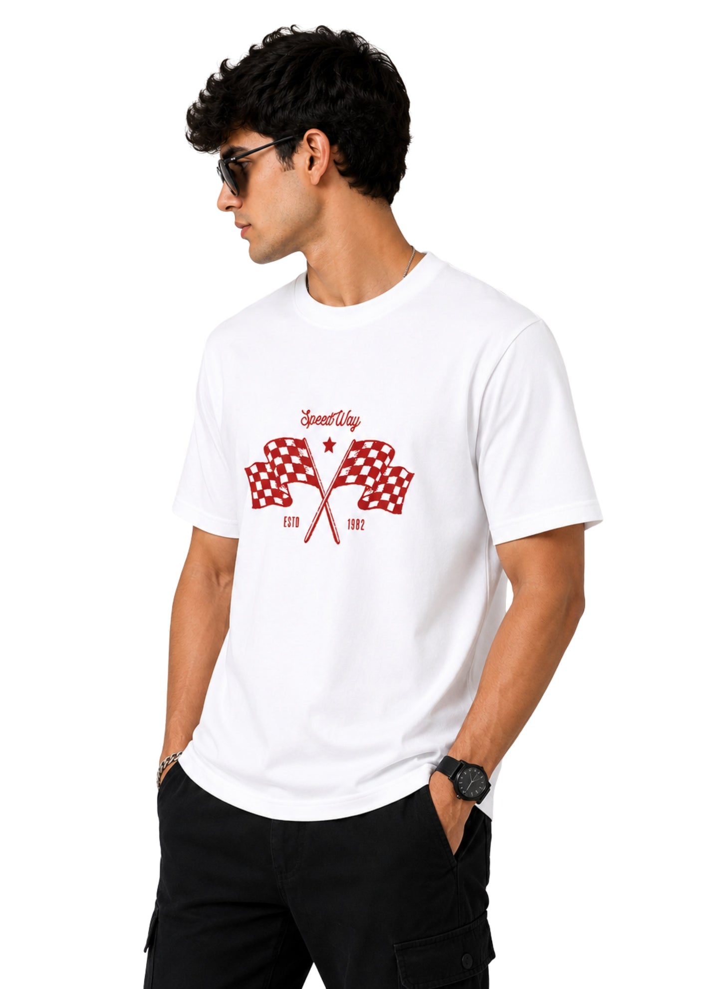 Men's Formula Racing Graphic T-Shirt | Premium White Cotton Round Neck Motorsport Printed Tee