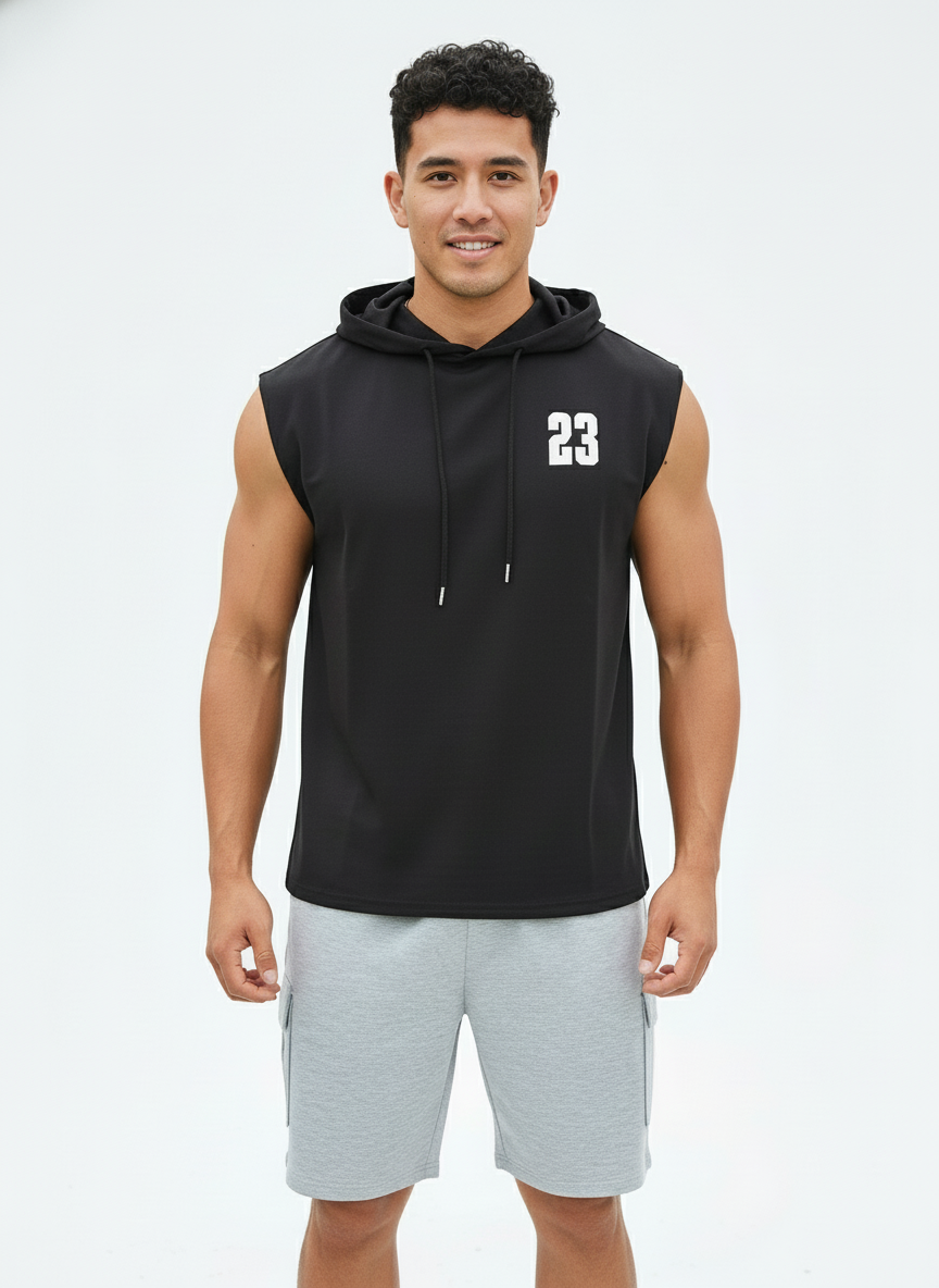 Men's Black Sleeveless Hooded Gym T-Shirt | Premium Athletic Muscle Fit Hoodie | Training & Casual Wear