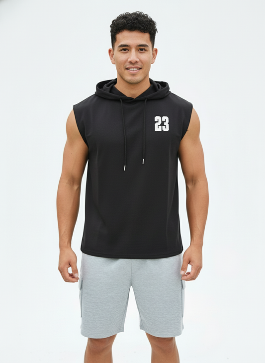 Men's Black Sleeveless Hooded Gym T-Shirt | Premium Athletic Muscle Fit Hoodie | Training & Casual Wear