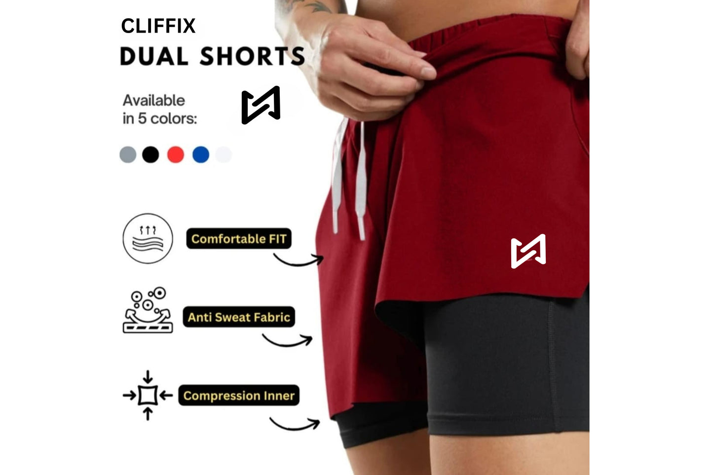 Cliffix Men's 2-in-1 Performance Athletic Shorts with Built-In Compression Liner