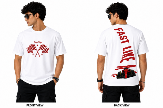 Men's Formula Racing Graphic T-Shirt | Premium White Cotton Round Neck Motorsport Printed Tee
